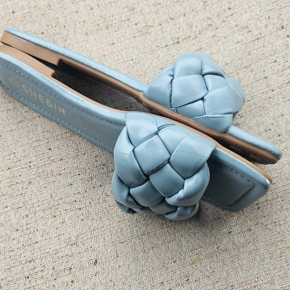 SHE&IN Women's Flat Braided Strap Slipper Blue Faux Leather Sandal Shoe Size 7 - Picture 5 of 9
